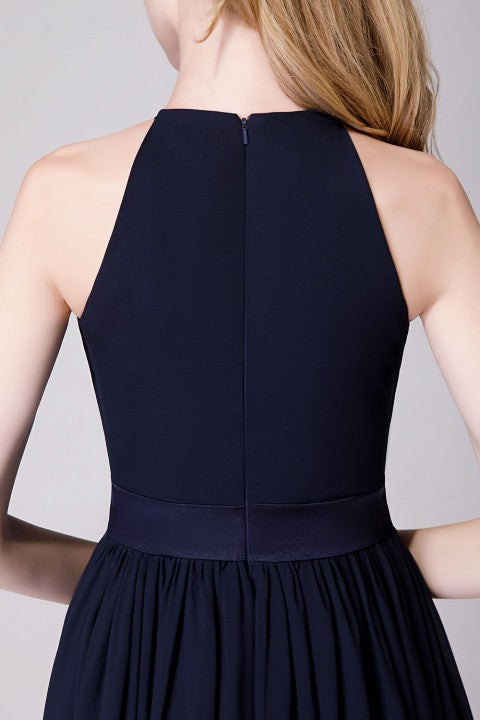 High Neck Halter Pleated Bodice Chiffon Bridesmaid Dress Long