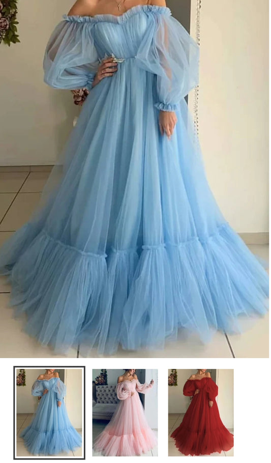 Sky Blue Off Shoulder Net Maternity Dress