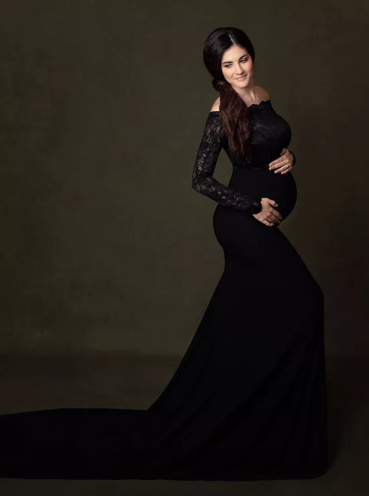 Black Lace Long Sleeve Maxi Off-the-Shoulder Maternity Photography Maternity Dress