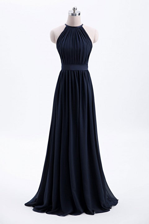High Neck Halter Pleated Bodice Chiffon Bridesmaid Dress Long