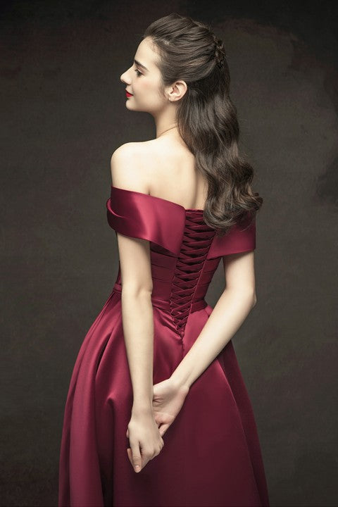 Off Shoulder Ruched Corset Back A-Line Satin Wedding Prom Dress
