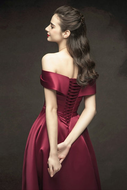 Off Shoulder Ruched Corset Back A-Line Satin Wedding Prom Dress