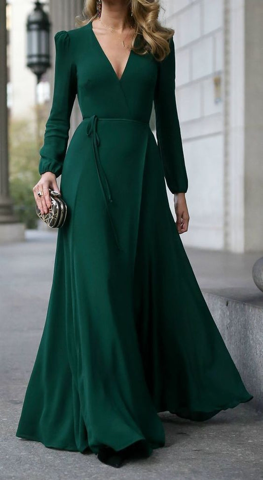 Green Flared V Neck Puffer Sleeves Dress