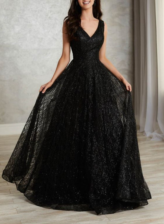 Black Sequins Plunge Neck Maxi Dress