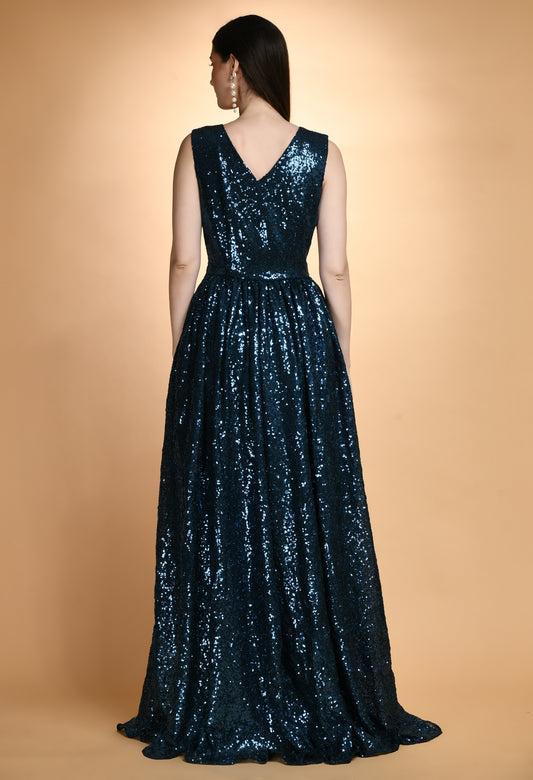 Party Wear Teal Sequins V Neck Maxi Dress
