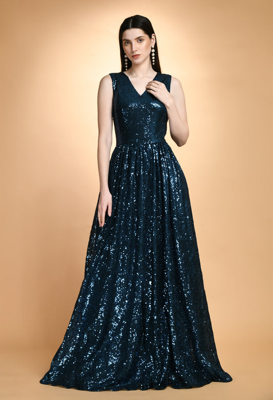 Party Wear Teal Sequins V Neck Maxi Dress