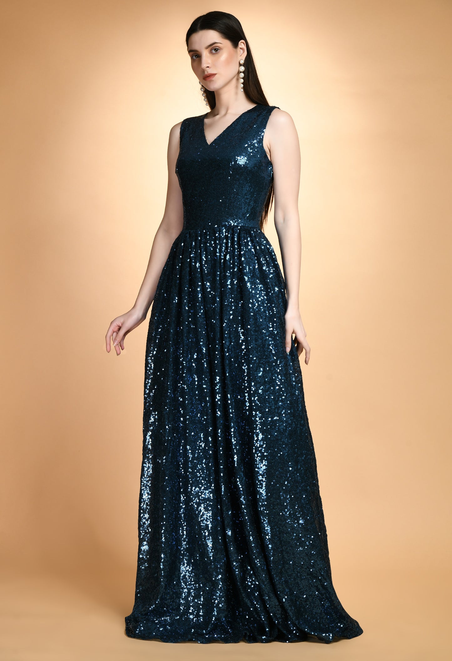 Party Wear Teal Sequins V Neck Maxi Dress