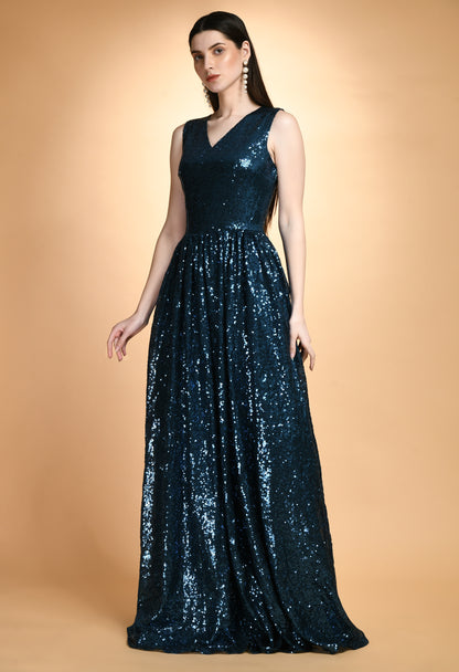 Party Wear Teal Sequins V Neck Maxi Dress