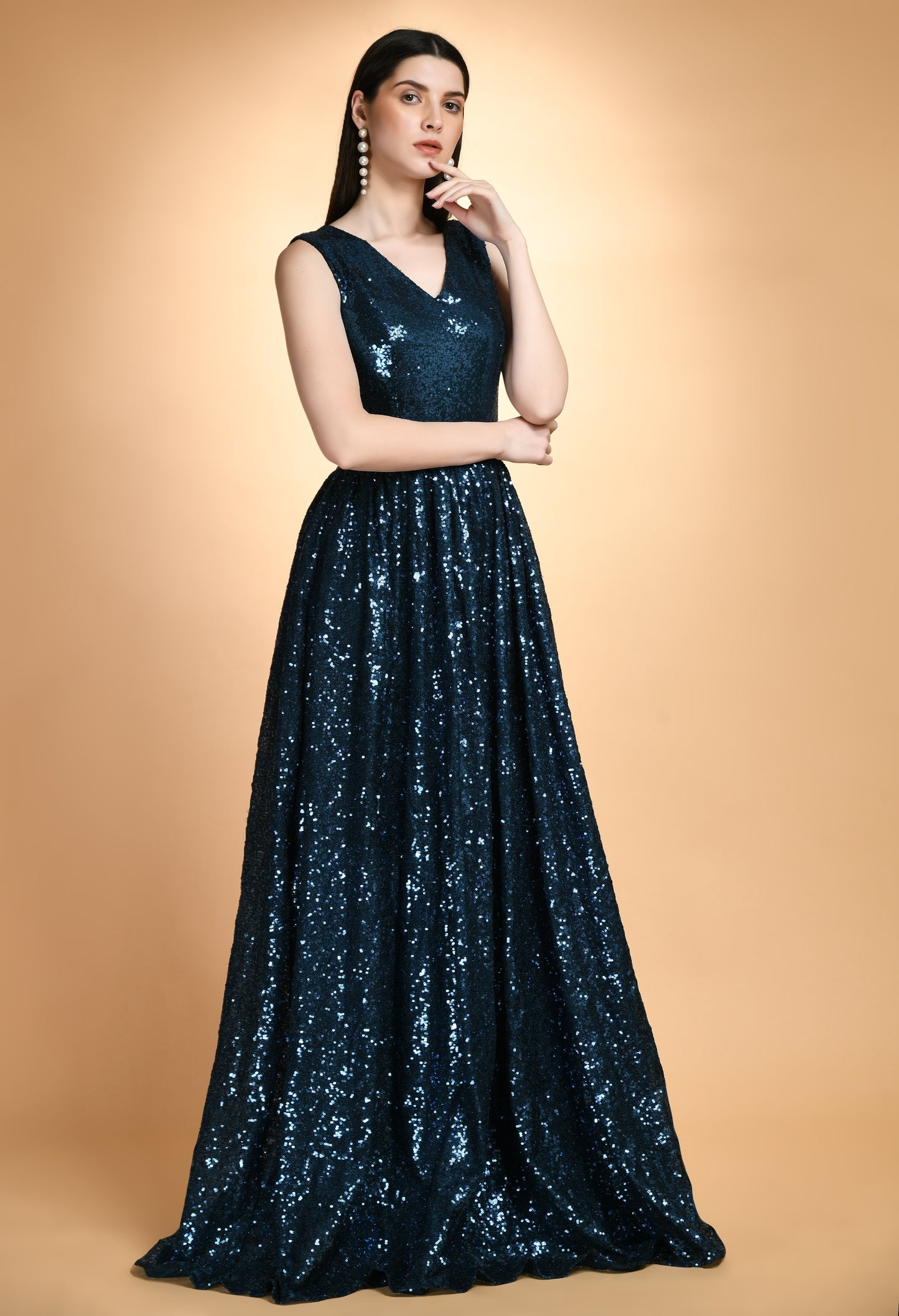 Party Wear Teal Sequins V Neck Maxi Dress