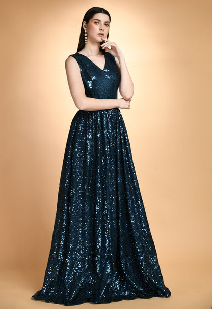 Party Wear Teal Sequins V Neck Maxi Dress