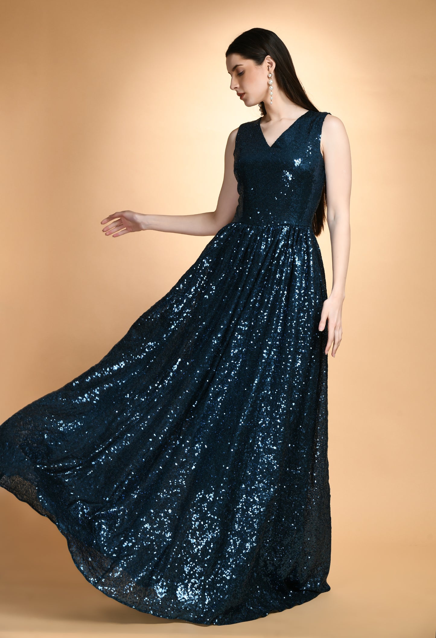 Party Wear Teal Sequins V Neck Maxi Dress