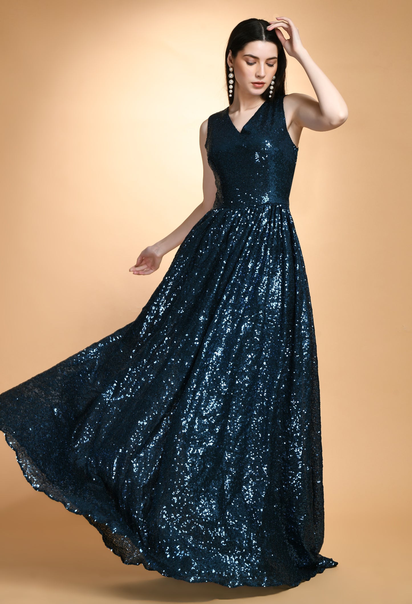 Party Wear Teal Sequins V Neck Maxi Dress