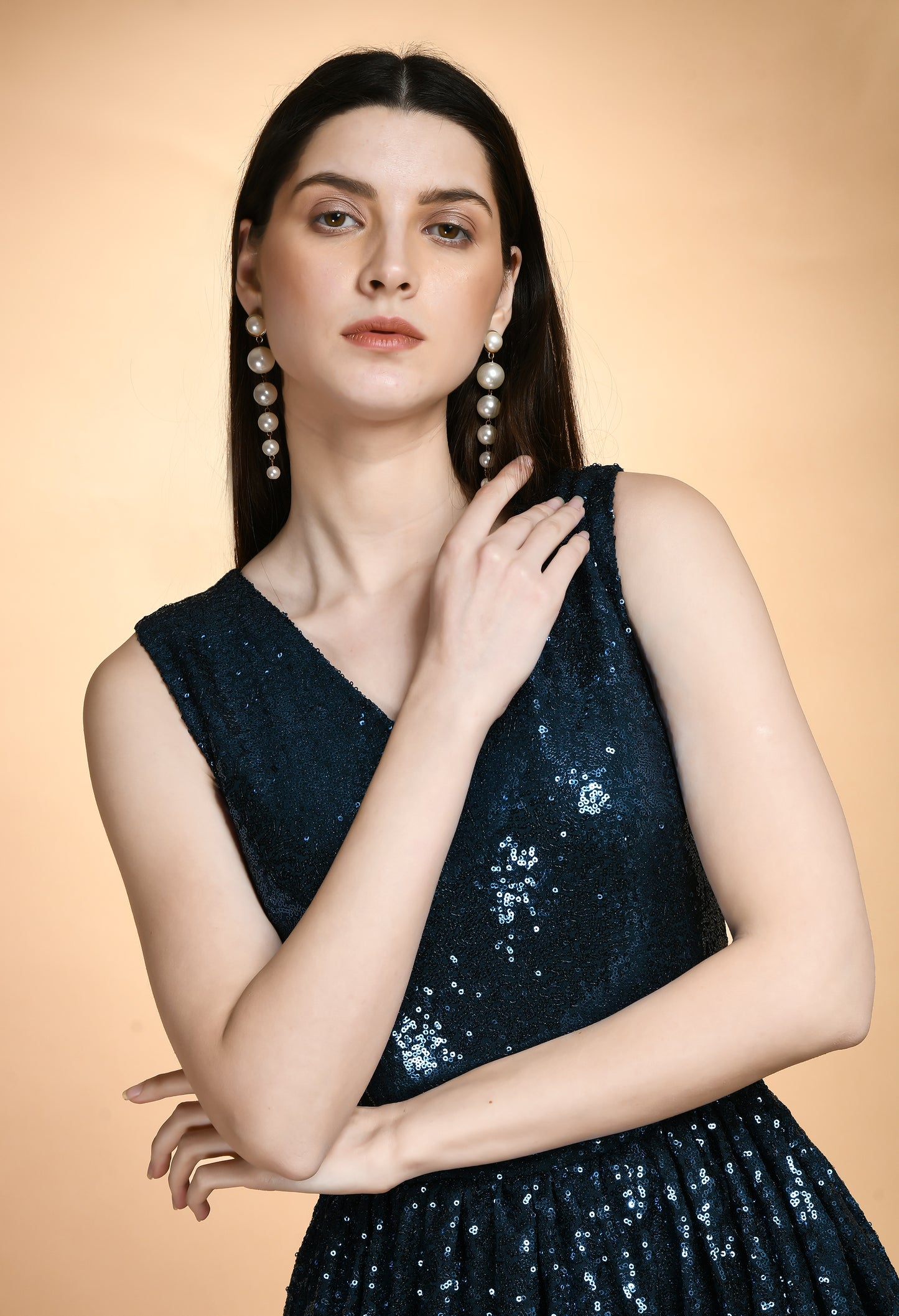 Party Wear Teal Sequins V Neck Maxi Dress