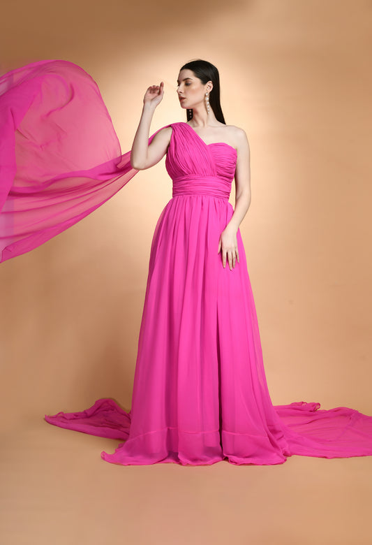 Hot Pink One Shoulder Enigma Maxi Dress