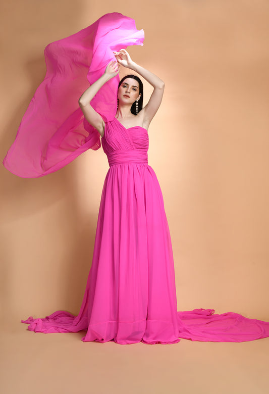 Hot Pink One Shoulder Enigma Maxi Dress