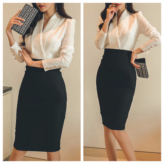 Black and  off white Bodycon One Piece Office Wear Dress