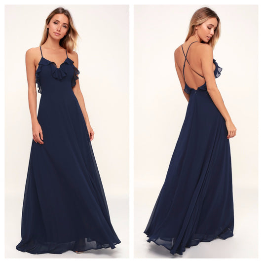 Navy Blue Frill Backless Maxi Dress
