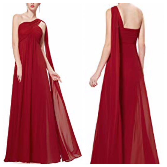 Maroon One Shoulder Double Drape Maxi Dress