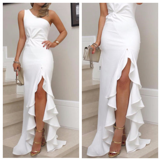 White Frill Slit Maxi Dress