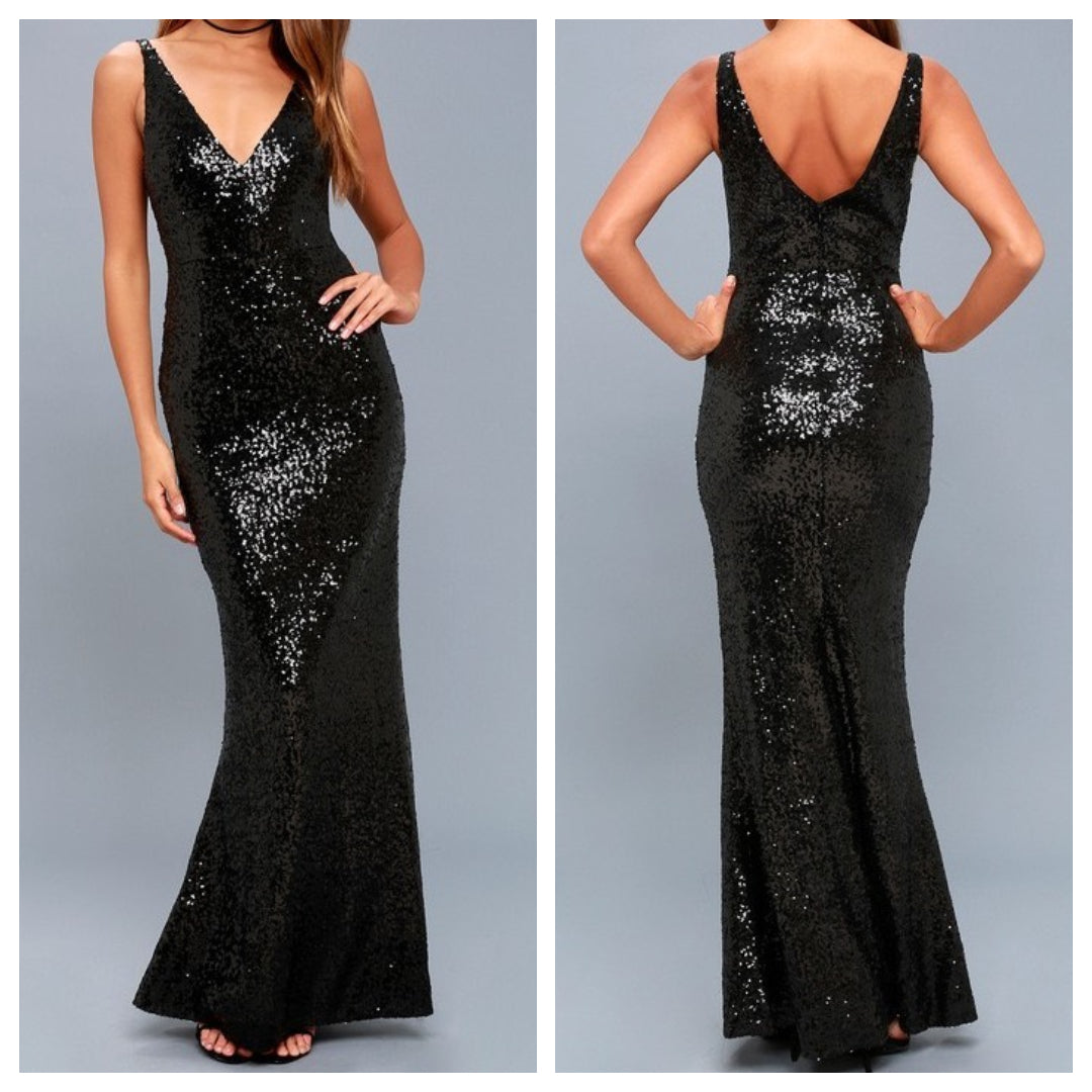 Black Sequins V Neck Bodycon Maxi Dress