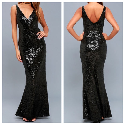 Black Sequins V Neck Bodycon Maxi Dress