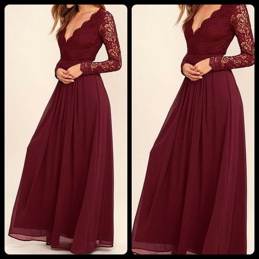Wine Lace Flared maxi Dress
