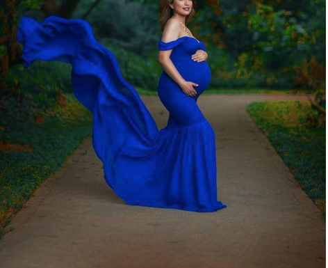 Royal Blue Lycra And Georgette Maternity Photoshoot Gown