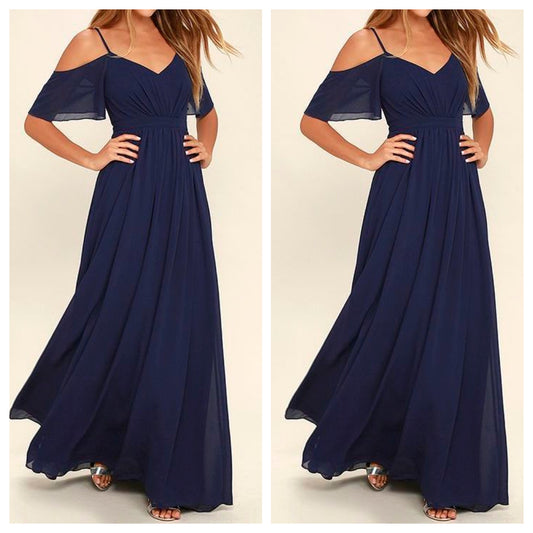 Cold Shoulder Spaghetti Navy Maxi Dress
