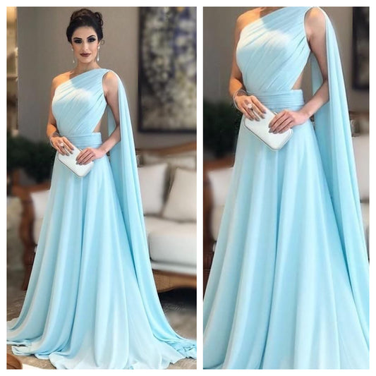 Sky Blue One Shoulder Cocktail Maxi Dress