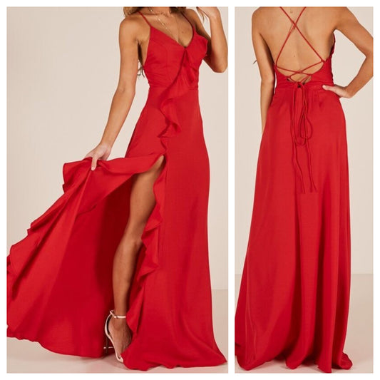 Red Side Frill Spaghetti Backless Dress