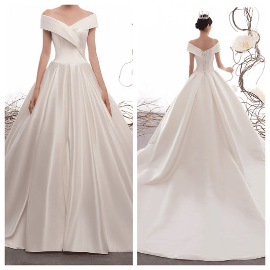 Off Shoulder Corsage Back Vintage Satin Wedding Dress with Trail