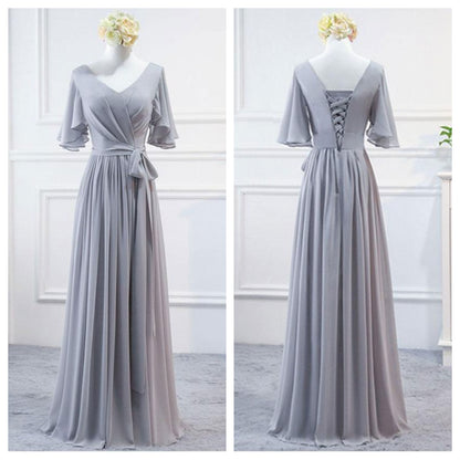 Flutter Sleeves V Neck Ruched Bridesmaid Dress with Belt