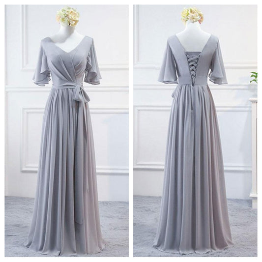 Flutter Sleeves V Neck Ruched Bridesmaid Dress with Belt