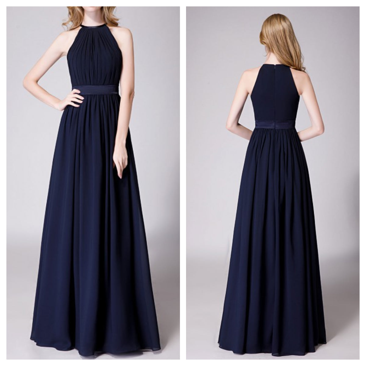 High Neck Halter Pleated Bodice Chiffon Bridesmaid Dress Long