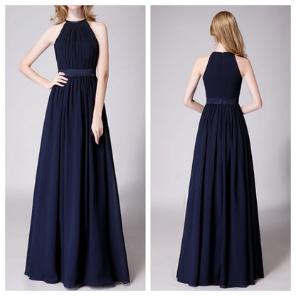 High Neck Halter Pleated Bodice Chiffon Bridesmaid Dress Long