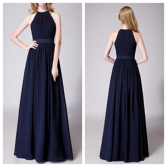High Neck Halter Pleated Bodice Chiffon Bridesmaid Dress Long