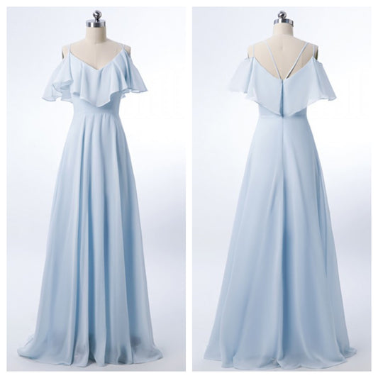 Double Spaghetti Straps V Neck Georgette Bridesmaid Dress with Flouncing Top