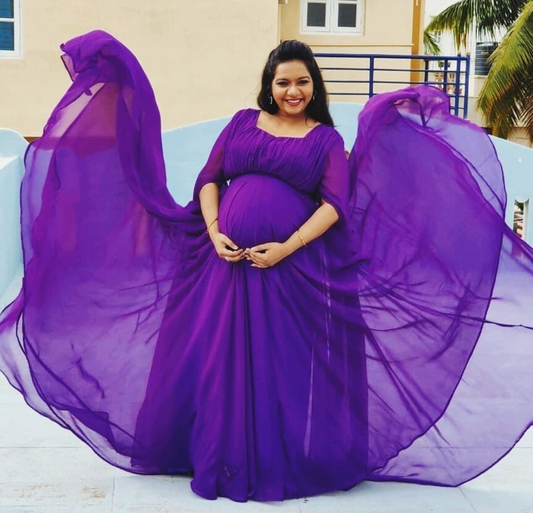Purple Maternity Cape Sleeves Maxi Dress with trail