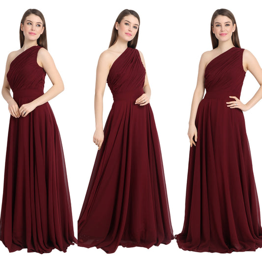 Maroon Draped One Shoulder Maxi Dress