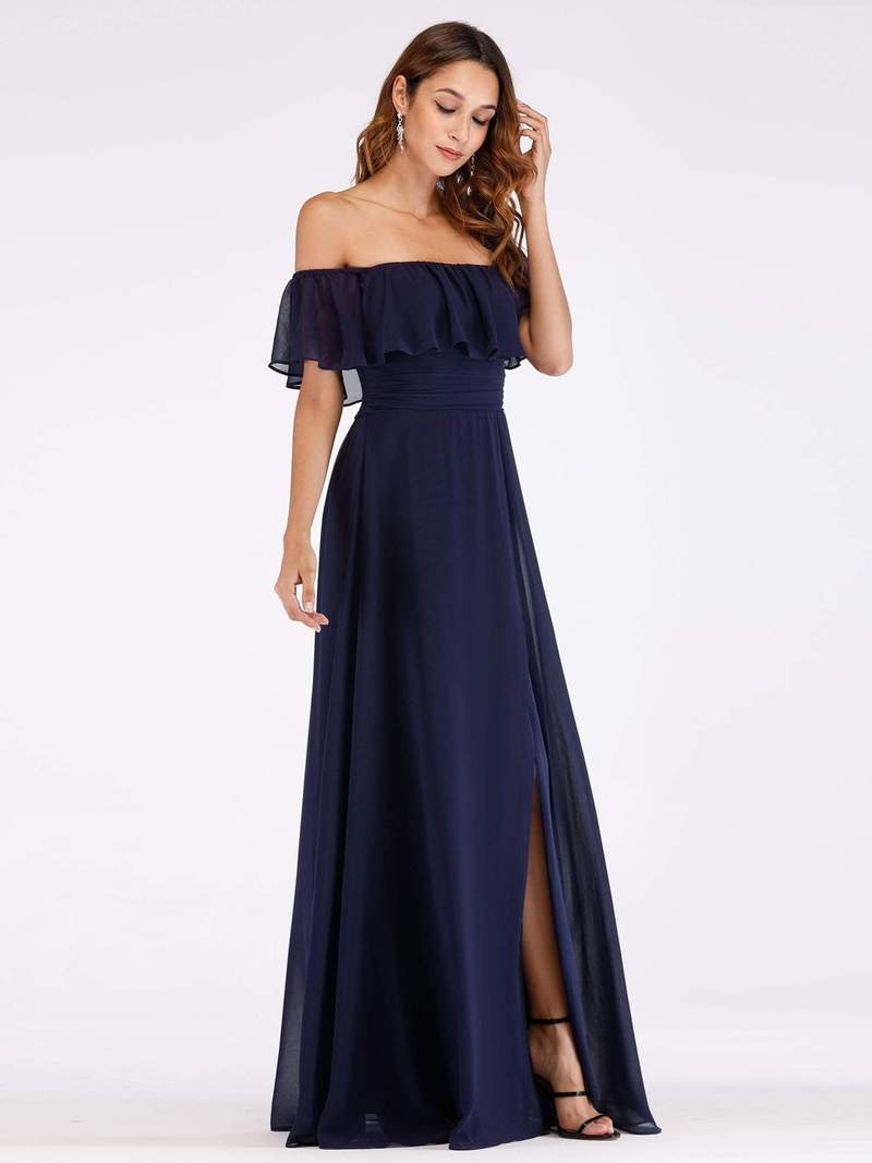 Navy Off Shoulder Frilled Long Maxi Dress
