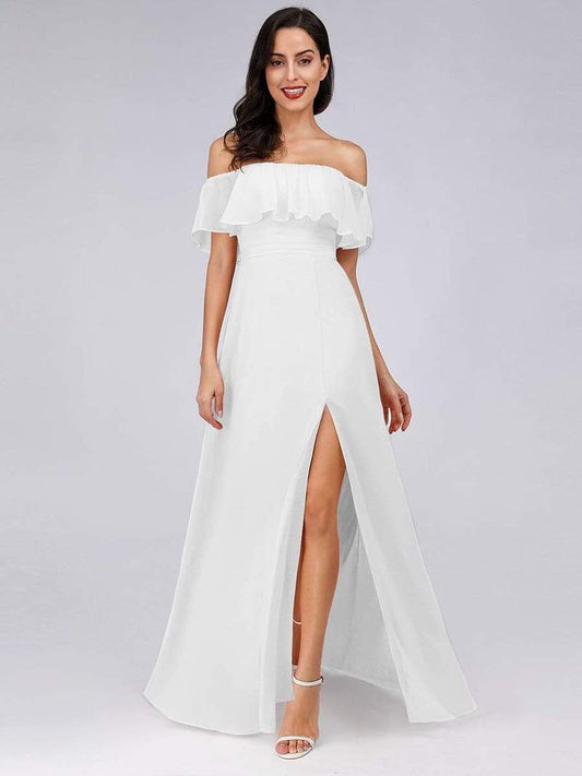 White Off Shoulder Georgette Maxi Dress