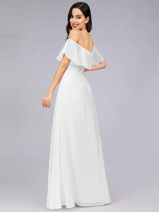 White Off Shoulder Georgette Maxi Dress