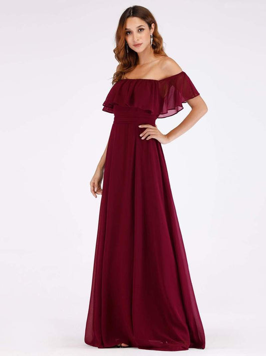 Maroon Off Shoulder Frilled Maxi Dress