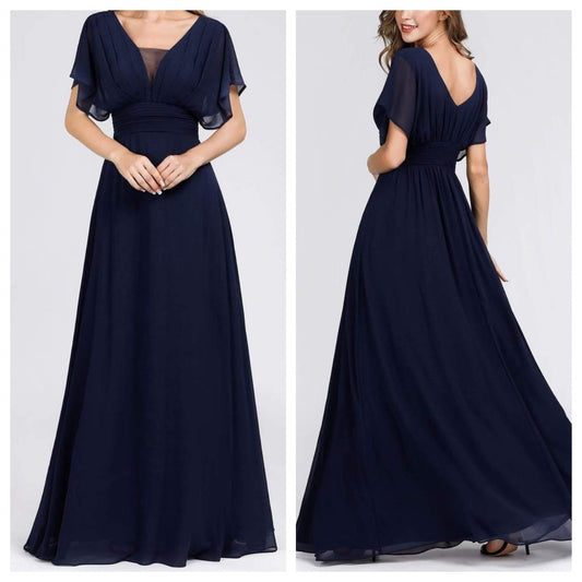 Navy V Neck Puffer Sleeves Mesh and Georgette Dress