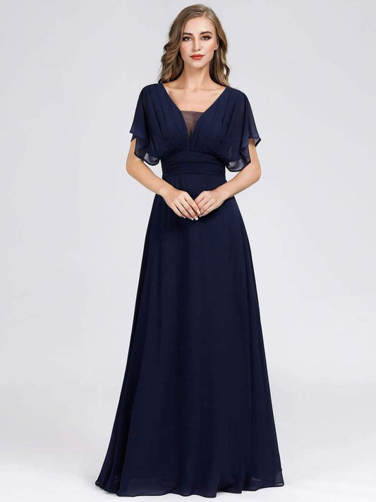 Navy V Neck Puffer Sleeves Mesh and Georgette Dress
