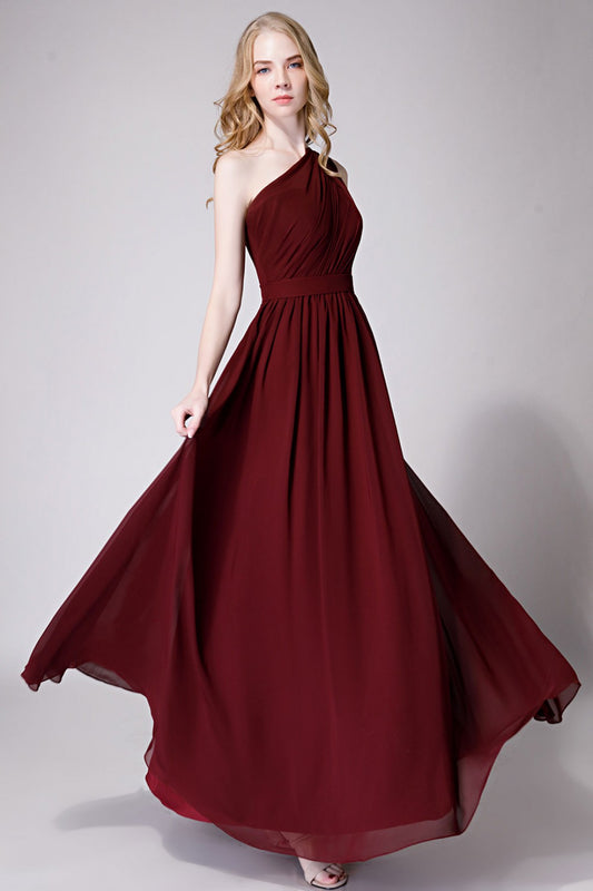 One Shoulder Sheer Wine Draped Maxi Dress