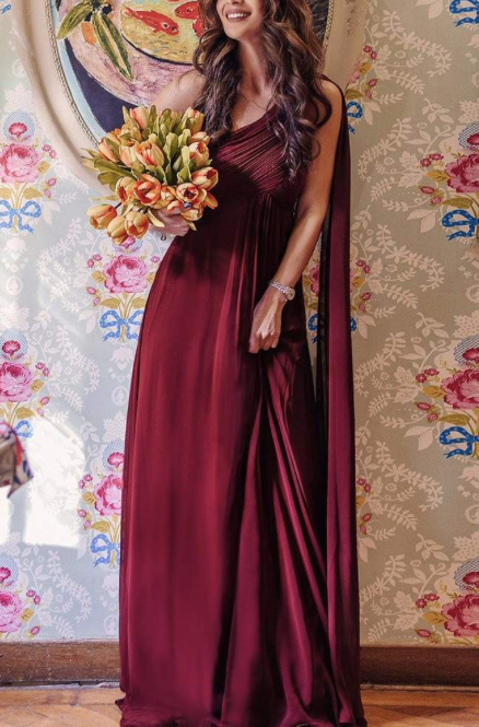 Maroon One Shoulder Draped Enigma Maxi Dress