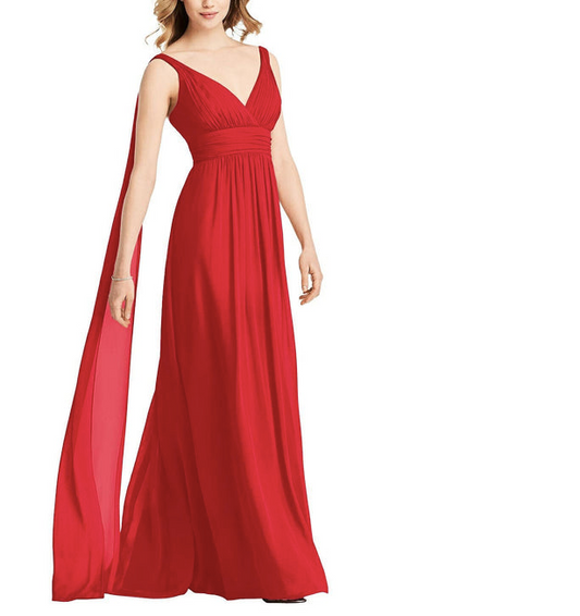 Red V Neck Back Double Fall Maxi Dress