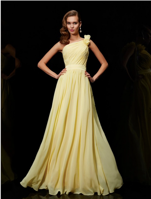 Yellow One Shoulder Draped Maxi Dress