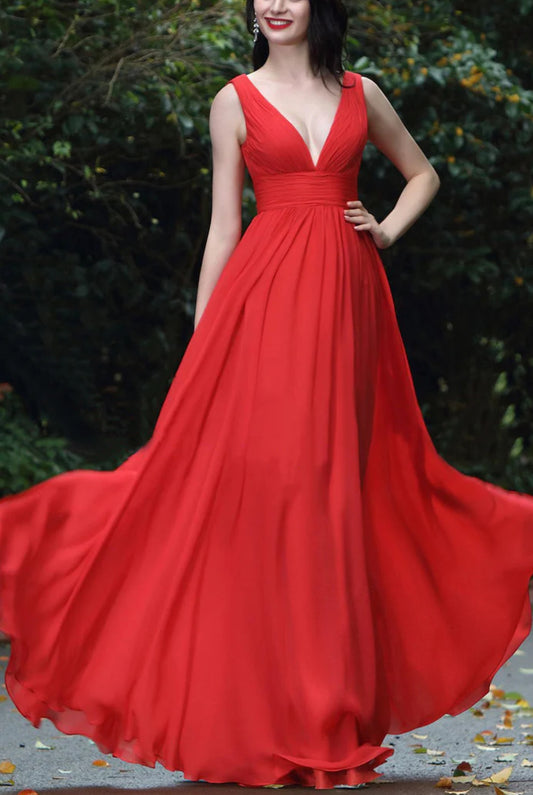 Plunge Neck Red V Neck Georgette Maxi Dress